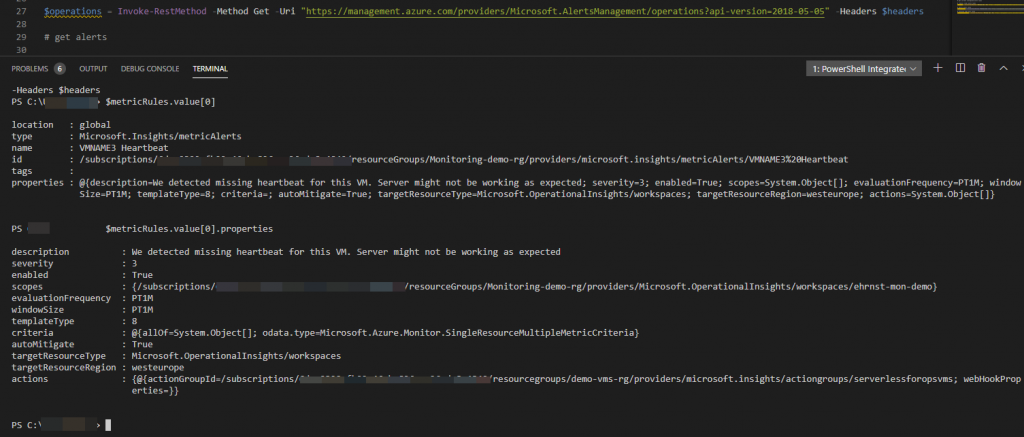 Azure monitor rest api metric alert rule output