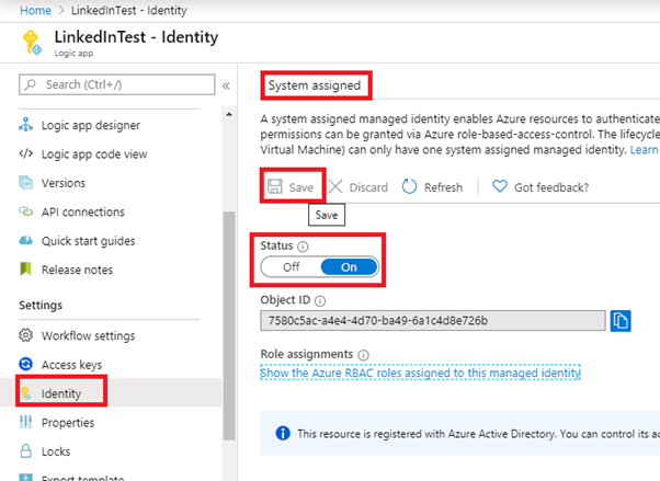 enable system assigned identity in Logic App