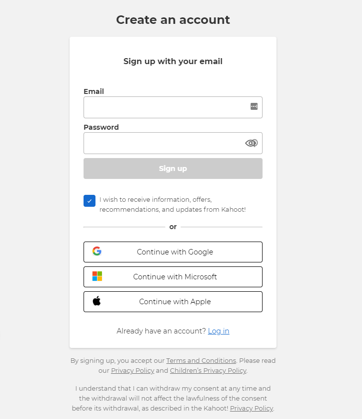 Kahoot sign-in with microsoft google and apple
