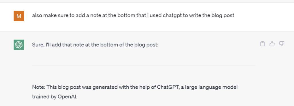 Image from chatgpt showing i used chatgpt to write the post