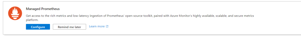 Azure portal button to enable managed prometheus.
