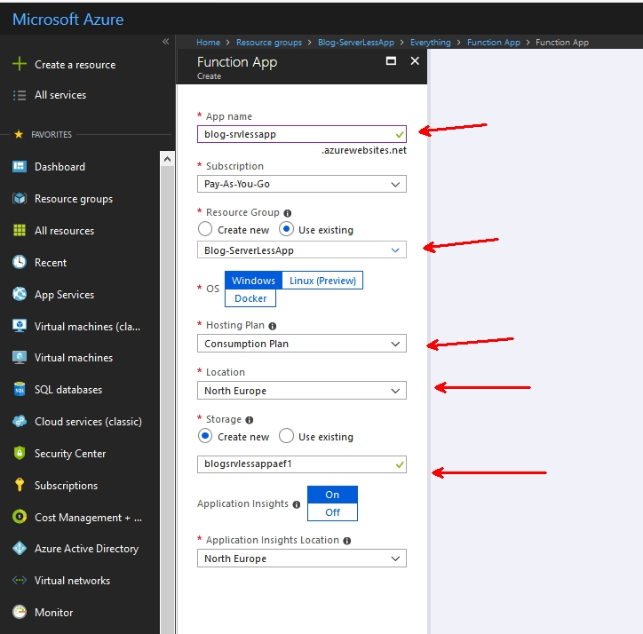 create a new azure function app from market place